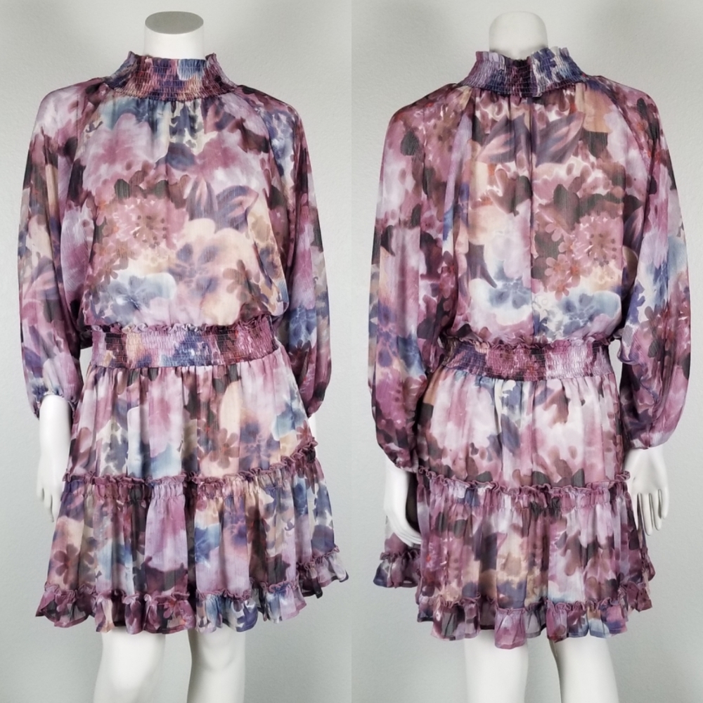 Anthropologie BTFL-Life Purple Floral Smocked Tiered Puff Sleeve Mini Dress Sz L
